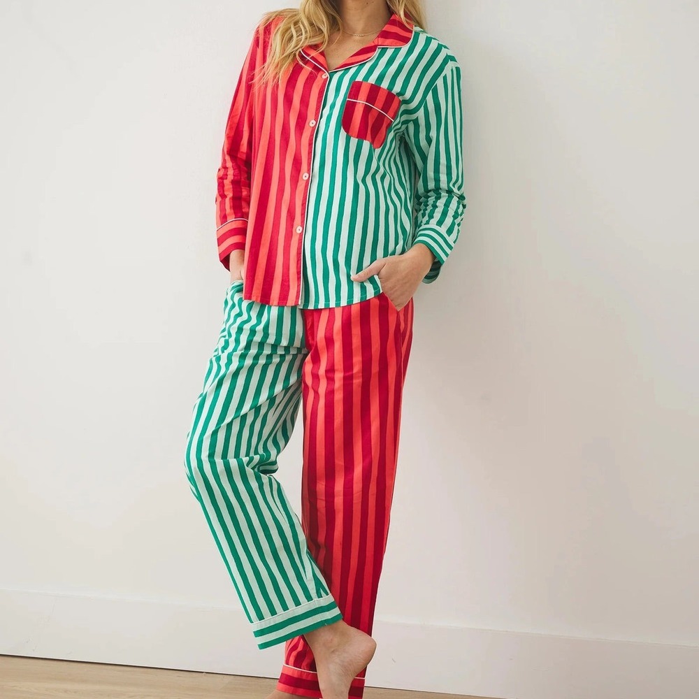 Printfresh Pajama Set Womens Small Red Green Holiday Striped Organic Cotton - Picture 2 of 16